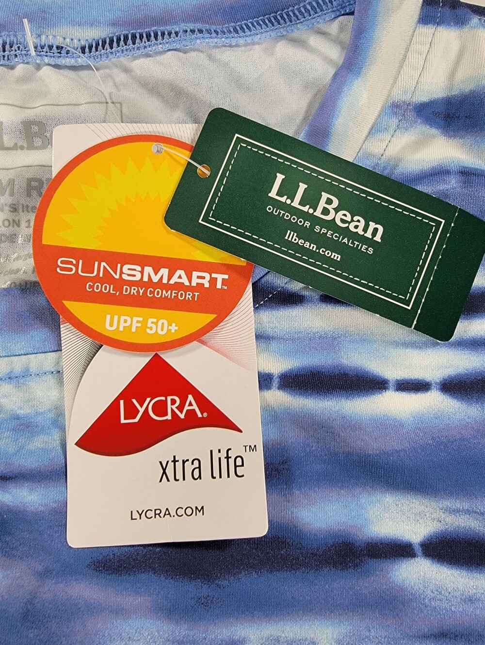NWT L.L. Bean SunSmart UPF 50+ Performance Womens Medium Blue White Tie Dye NEW - Picture 2 of 10